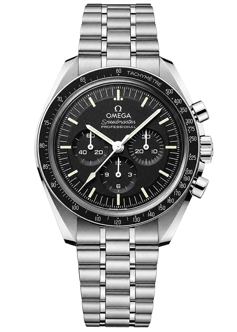 Cronógrafo réplica de estilo Speedmaster con esfera negra y brazalete plateado